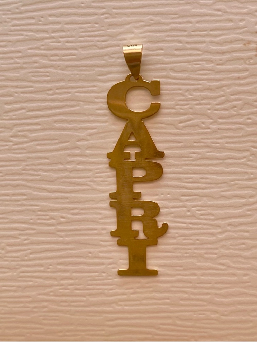Custom 10kt Gold Lettering 'CAPRI' Vertical  nameplate Pendant. Perfect gift!